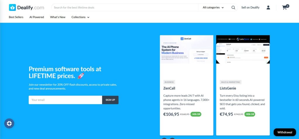 Página de inicio de Dealify con ofertas de herramientas SEO y marketing