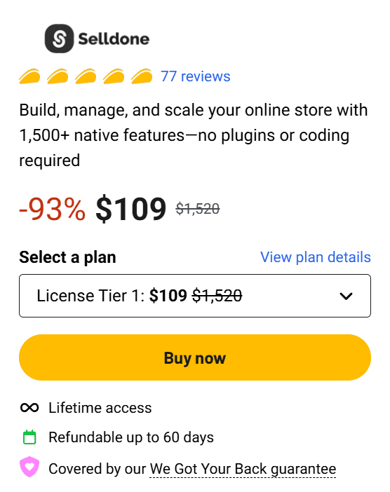 Oferta lifetime deal en AppSumo para Selldone con 93% de descuento y pago único de 109 dólares