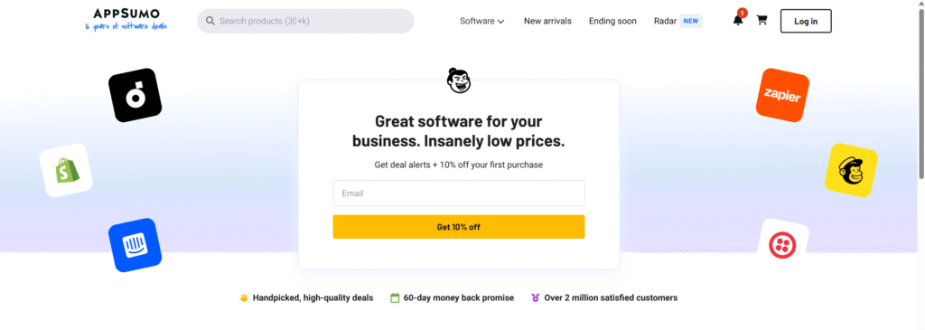 Página de inicio de AppSumo con su catálogo de ofertas de software y herramientas digitales