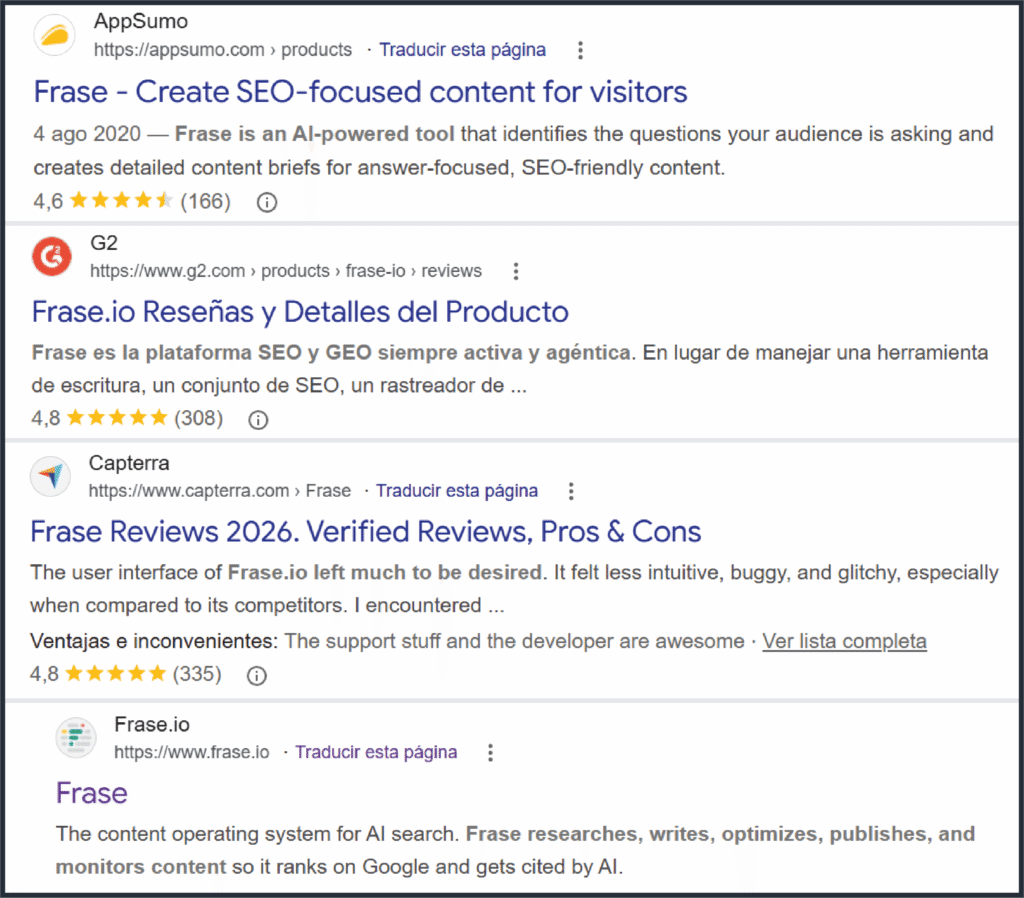 Resultados de Google para Frase mostrando AppSumo, G2, Capterra y la página oficial de la herramienta.