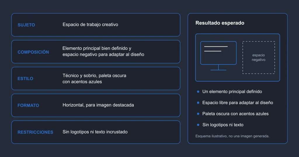 Elementos de un prompt para generar imágenes con IA: sujeto, composición, estilo, formato y restricciones